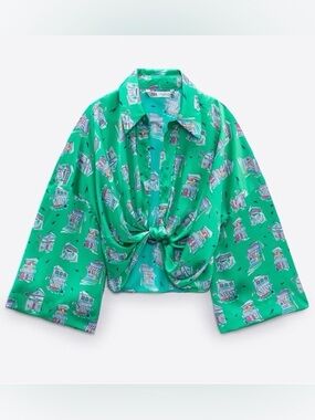 Zara Vintage 90s Style Medium Green Retro Graphic Satin 3/4 Sleeve Summer Top